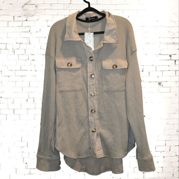 AUTOMET Womens Shacket Jacket Waffle Knit Oversized Button Down Shirt Tan Xl NWT - Picture 1 of 7